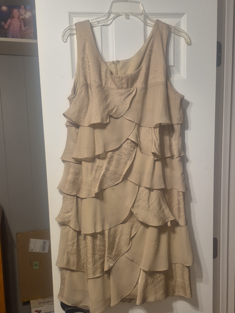 London Times Beige Ruffle Tiered Midi Dress